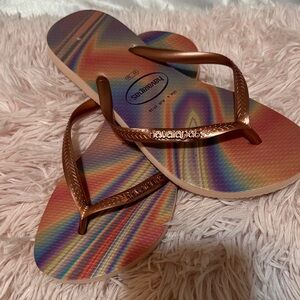 Havaianas Multicolor Flip Flops with Bronze Metallic Straps